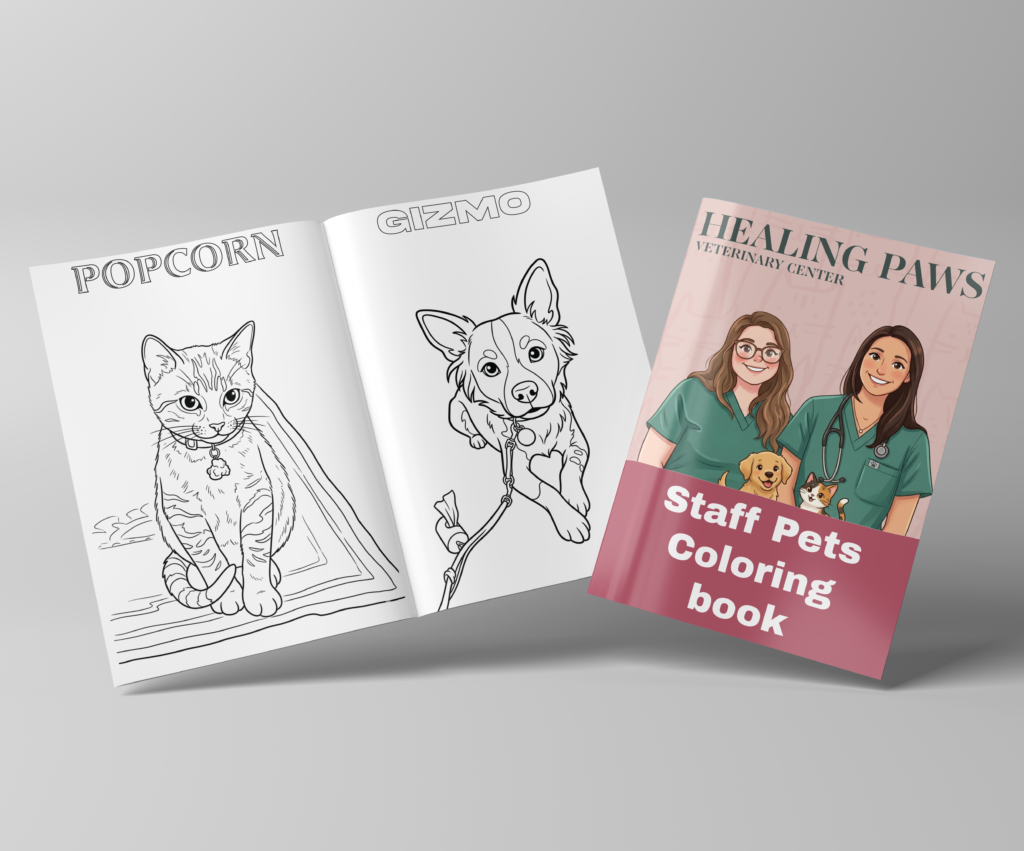 Healing Paws Veterinary Center Staff Pets Coloring Book Custom black-and-white coloring book created by Healing Paws Veterinary Center featuring illustrated portraits of staff pets including dogs, cats, and exotic pets.