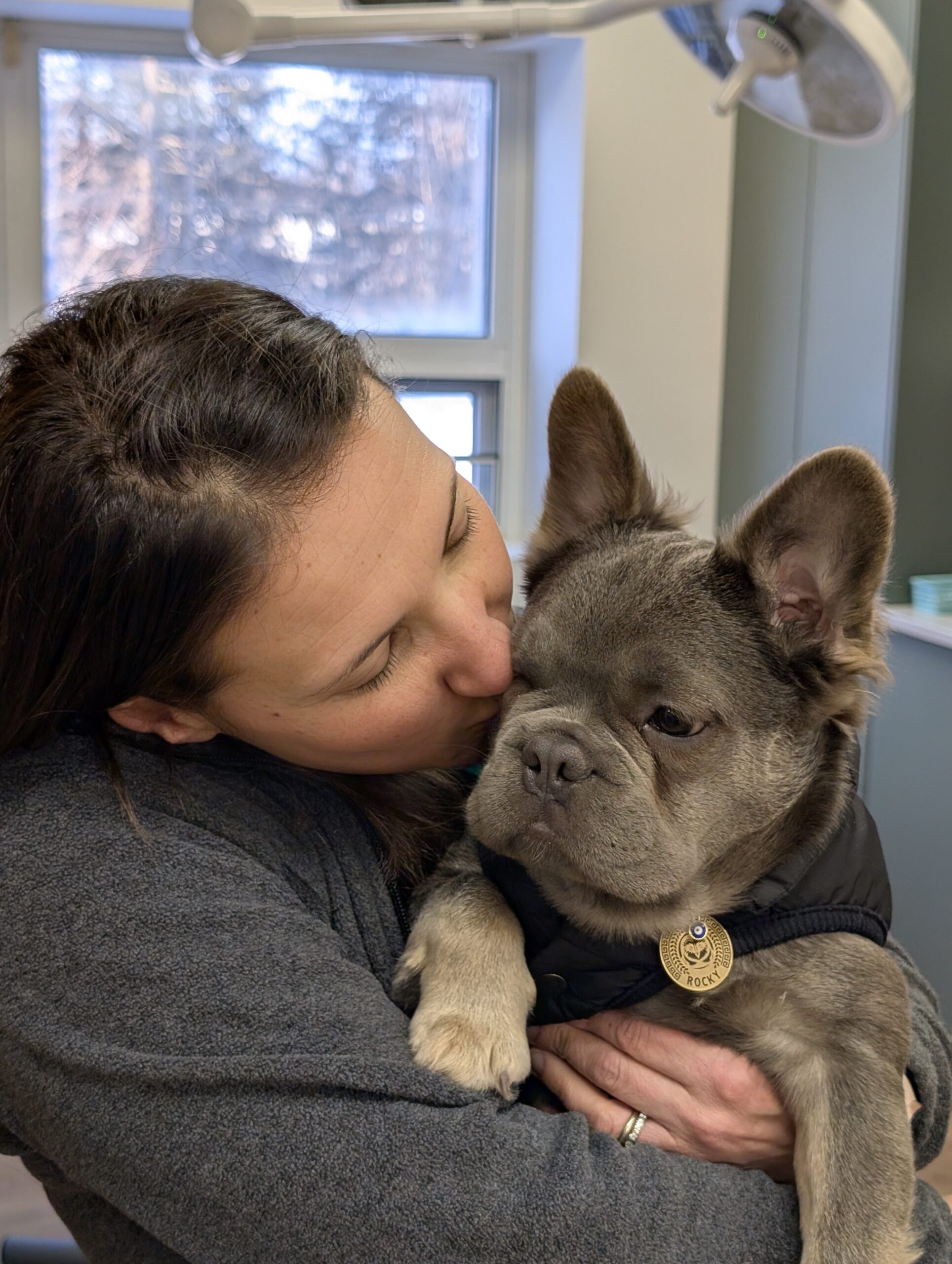 Dr. Lindsey Thomas cuddling a pug during a compassionate veterinary visit at Healing Paws Veterinary Center in Mount Kisco, NY.